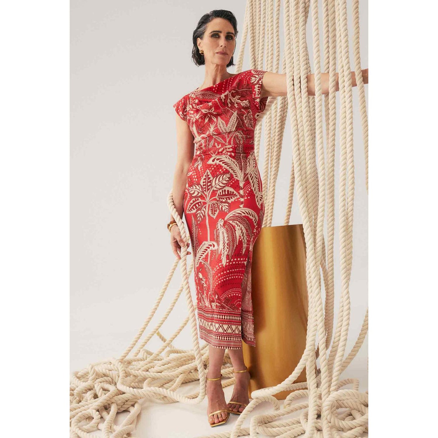 Once Was Monique Draped Neck Cupro Viscose Stretch Column Dress - Crimson Palms