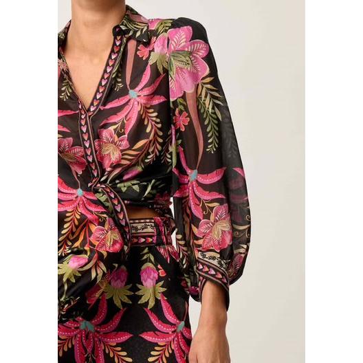 Once Was Elysian Silk Cotton Placement Print Cuffed Shirt