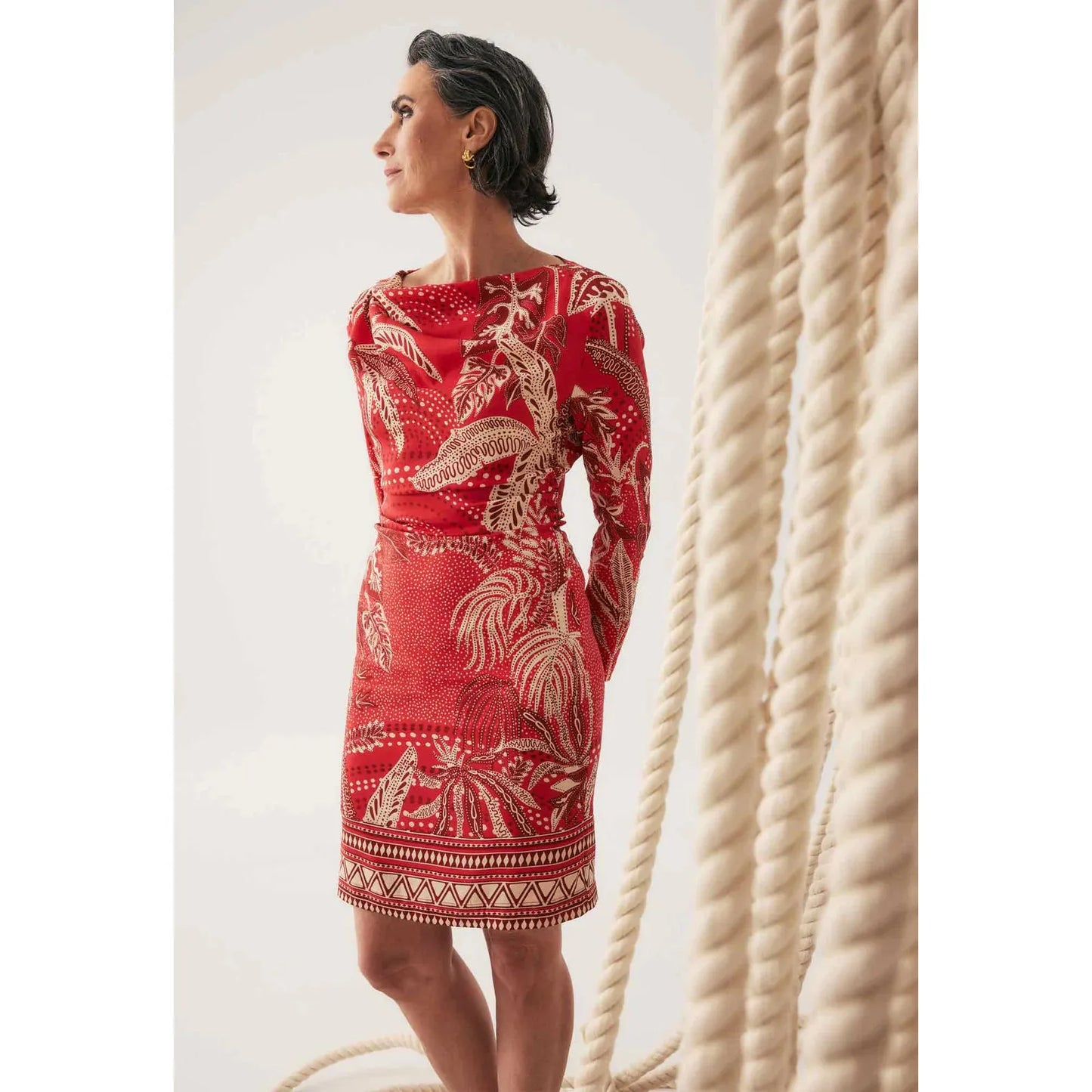 Once Was Helsa Draped Neck Cupro Viscose Stretch Long Sleeve Dress - Crimson Palms