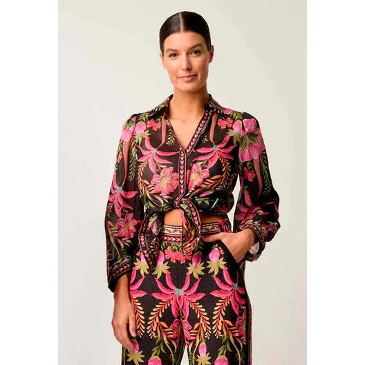 Once Was Elysian Silk Cotton Placement Print Cuffed Shirt