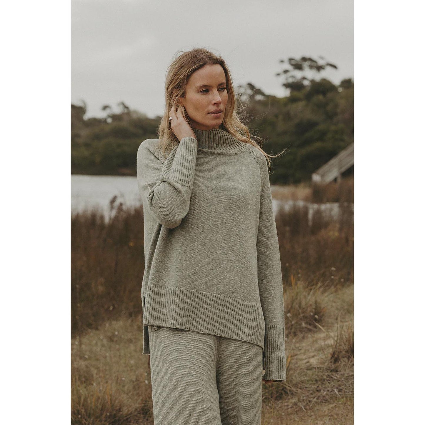 Talamaya Harmony Merino Cotton Mock Neck Pullover - Acacia