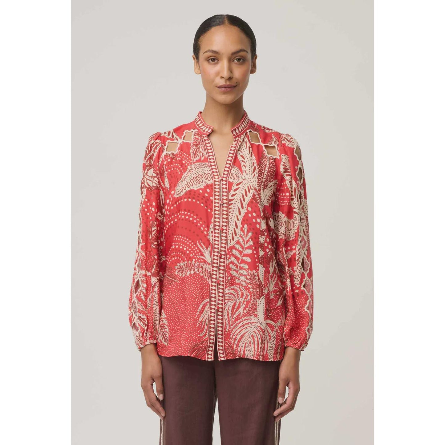 Once Was Audrey Embroidered Viscose Faille Blouse - Crimson Palms