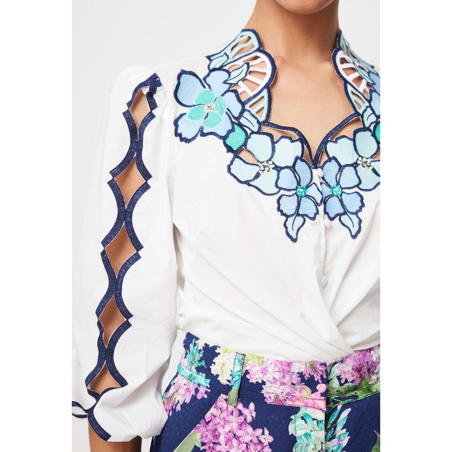 Once Was Cristina Placement Embroided Cotton Voile Blouse - Ivory Bay