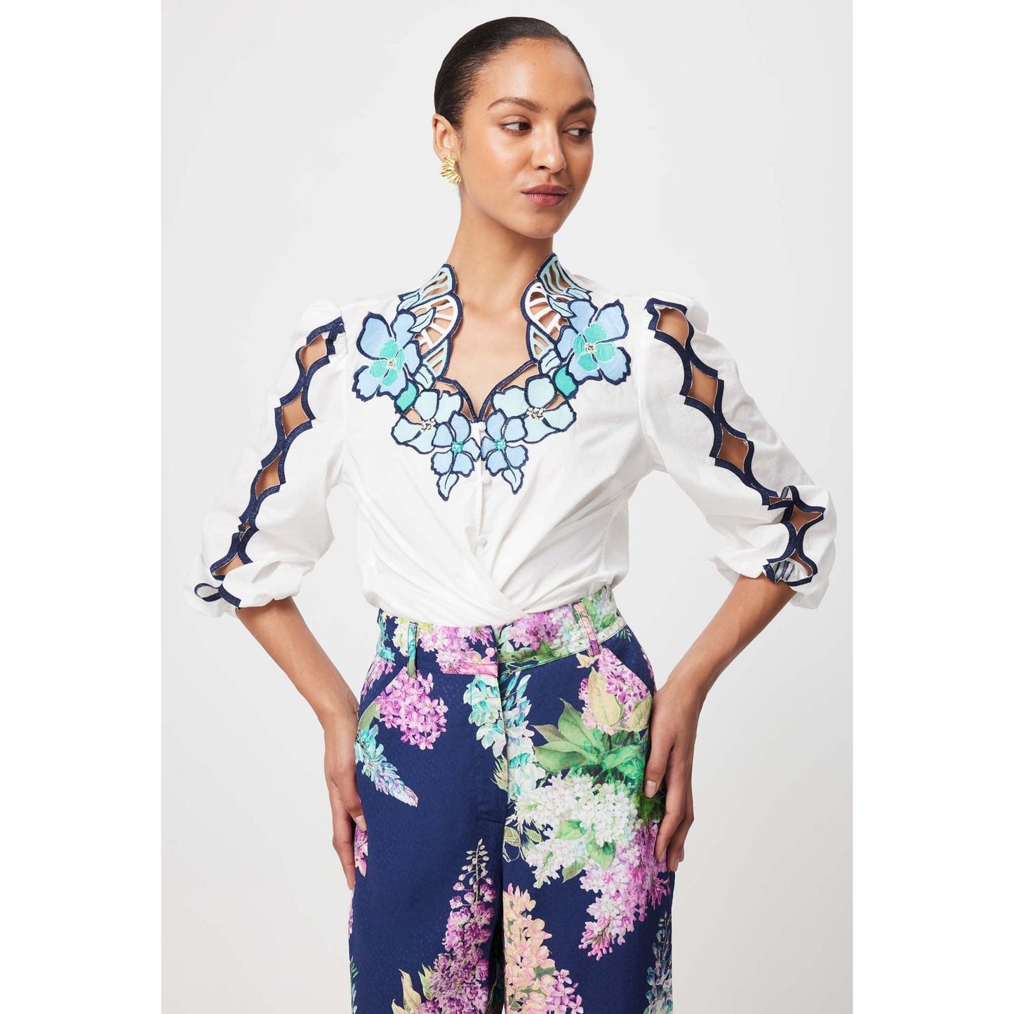 Once Was Cristina Placement Embroided Cotton Voile Blouse - Ivory Bay