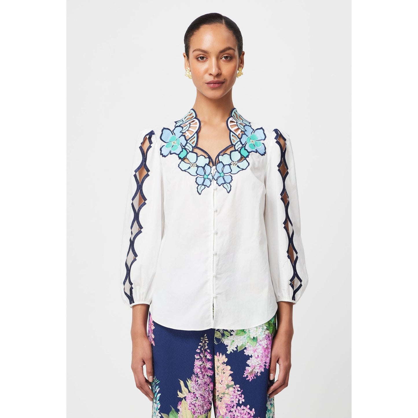 Once Was Cristina Placement Embroided Cotton Voile Blouse - Ivory Bay