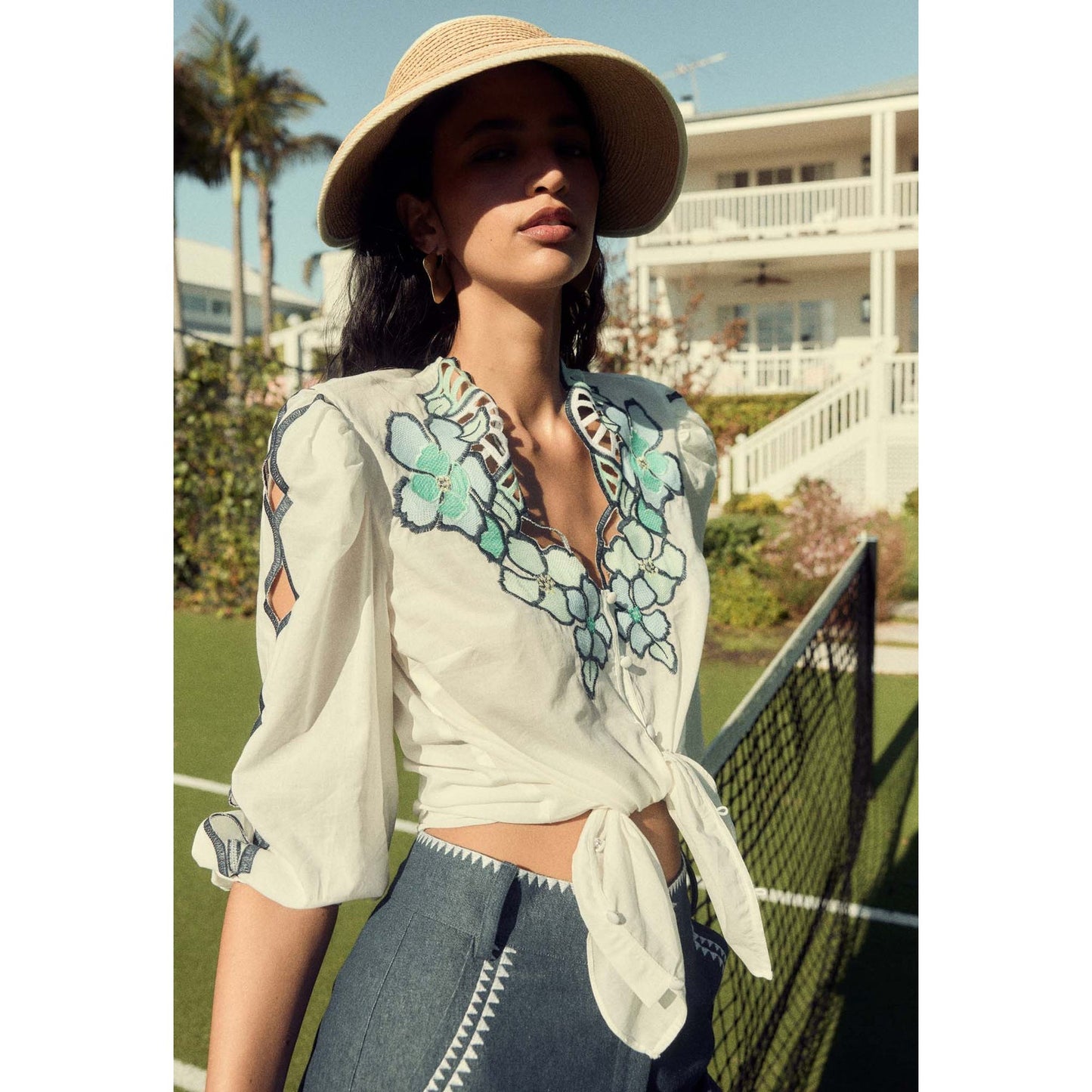 Once Was Cristina Placement Embroided Cotton Voile Blouse - Ivory Bay