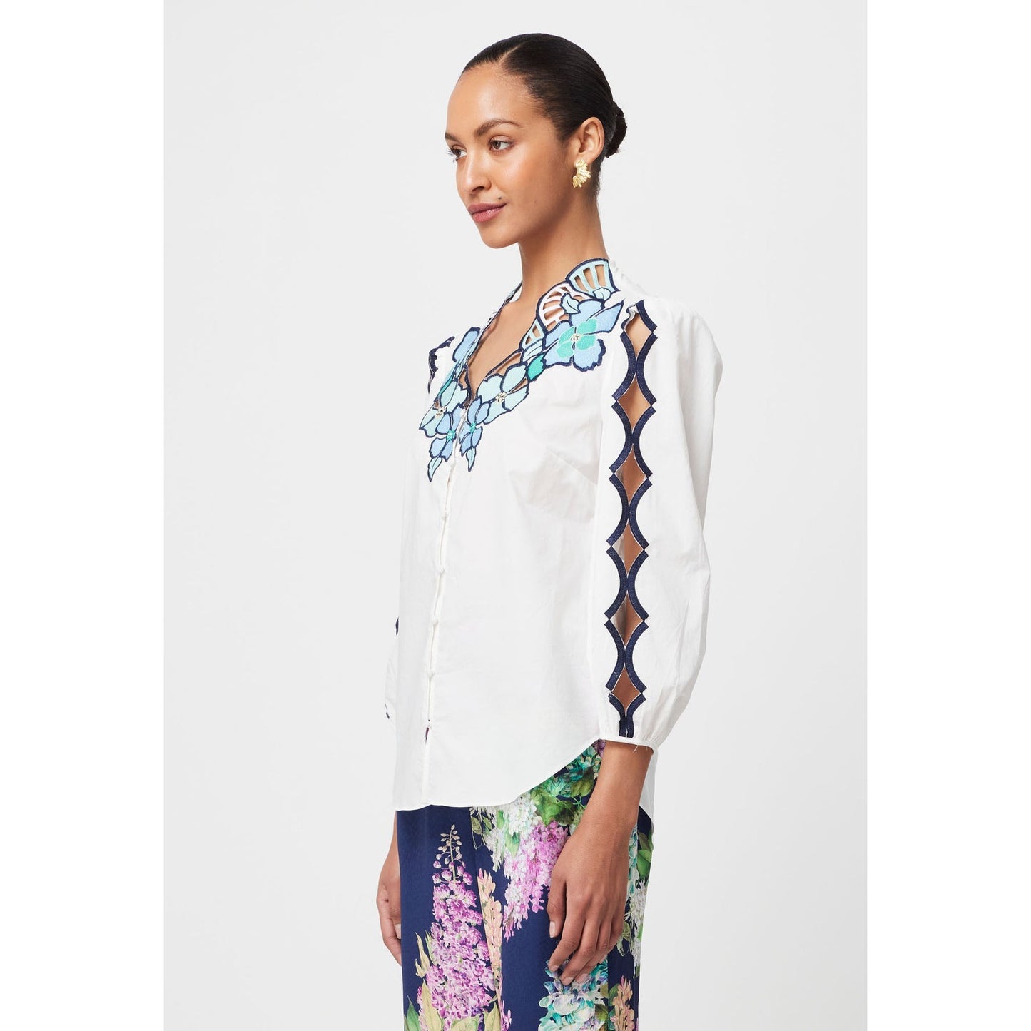 Once Was Cristina Placement Embroided Cotton Voile Blouse - Ivory Bay