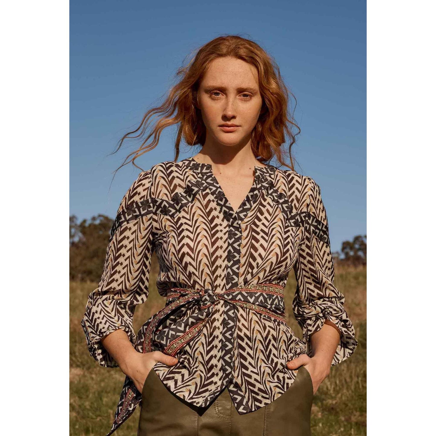 Once Was Fallon Crinkle Cotton Silk Contrast Panel Blouse With Tie