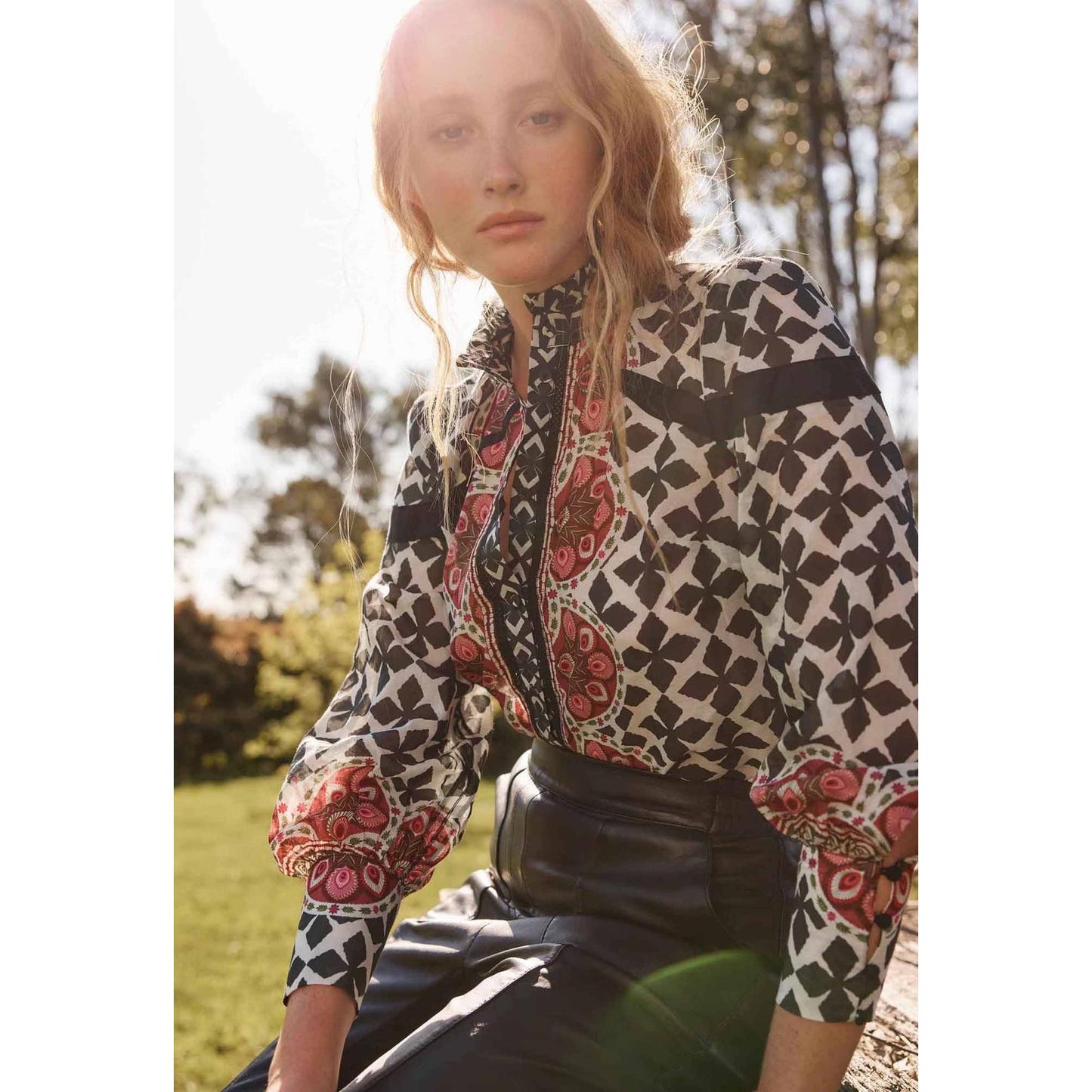 Once Was Astrid Cotton Silk Print Contrast Panel shirt