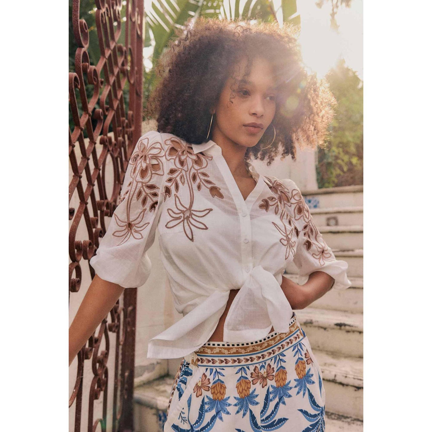 Once Was Callisto Cotton Embroidered Shirt in Ivory-Dune Once Was Pisces Boutique