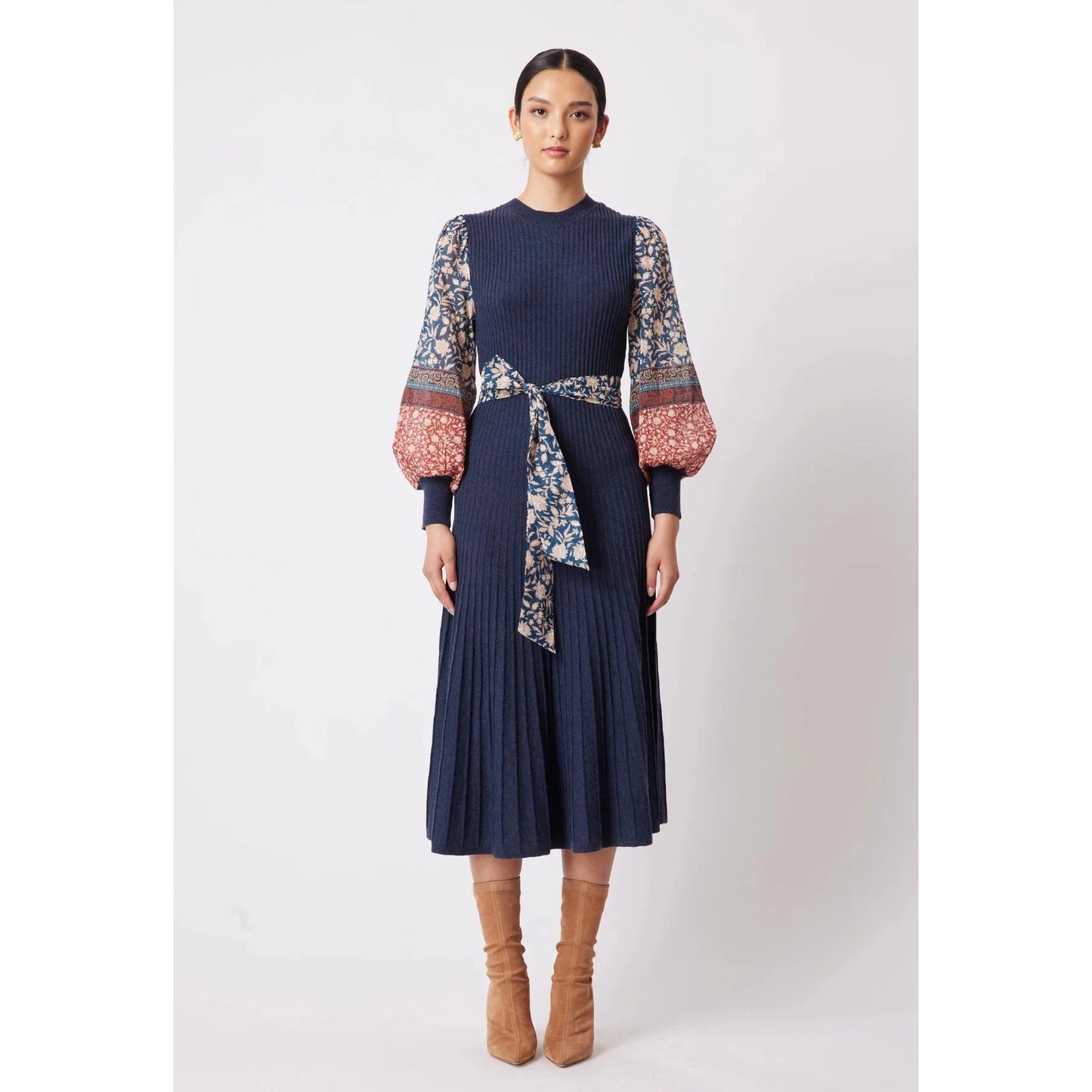Once Was Chiara Cotton/Silk Sleeve Extra Fine Merino Wool Viscose Blend Knit Dress - Navy Loom Once Was Pisces Boutique