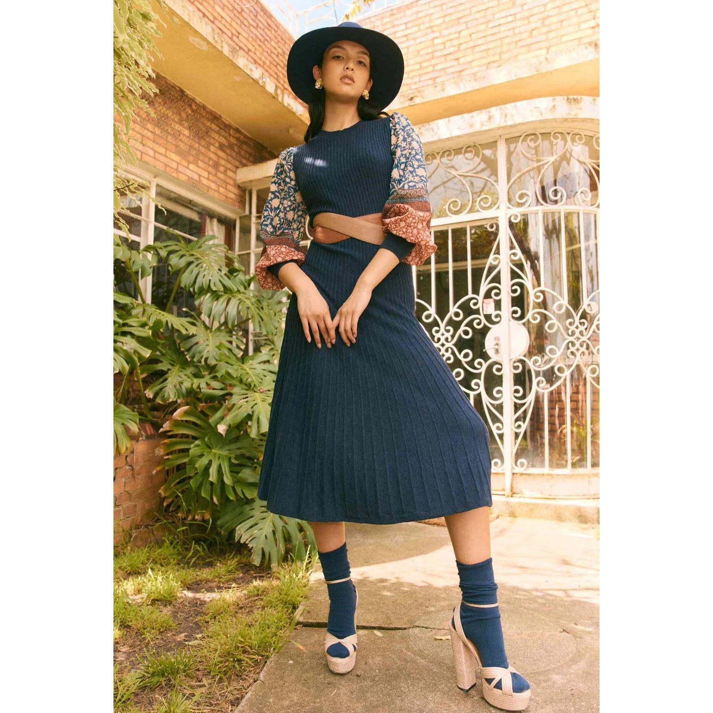 Once Was Chiara Cotton/Silk Sleeve Extra Fine Merino Wool Viscose Blend Knit Dress - Navy Loom Once Was Pisces Boutique
