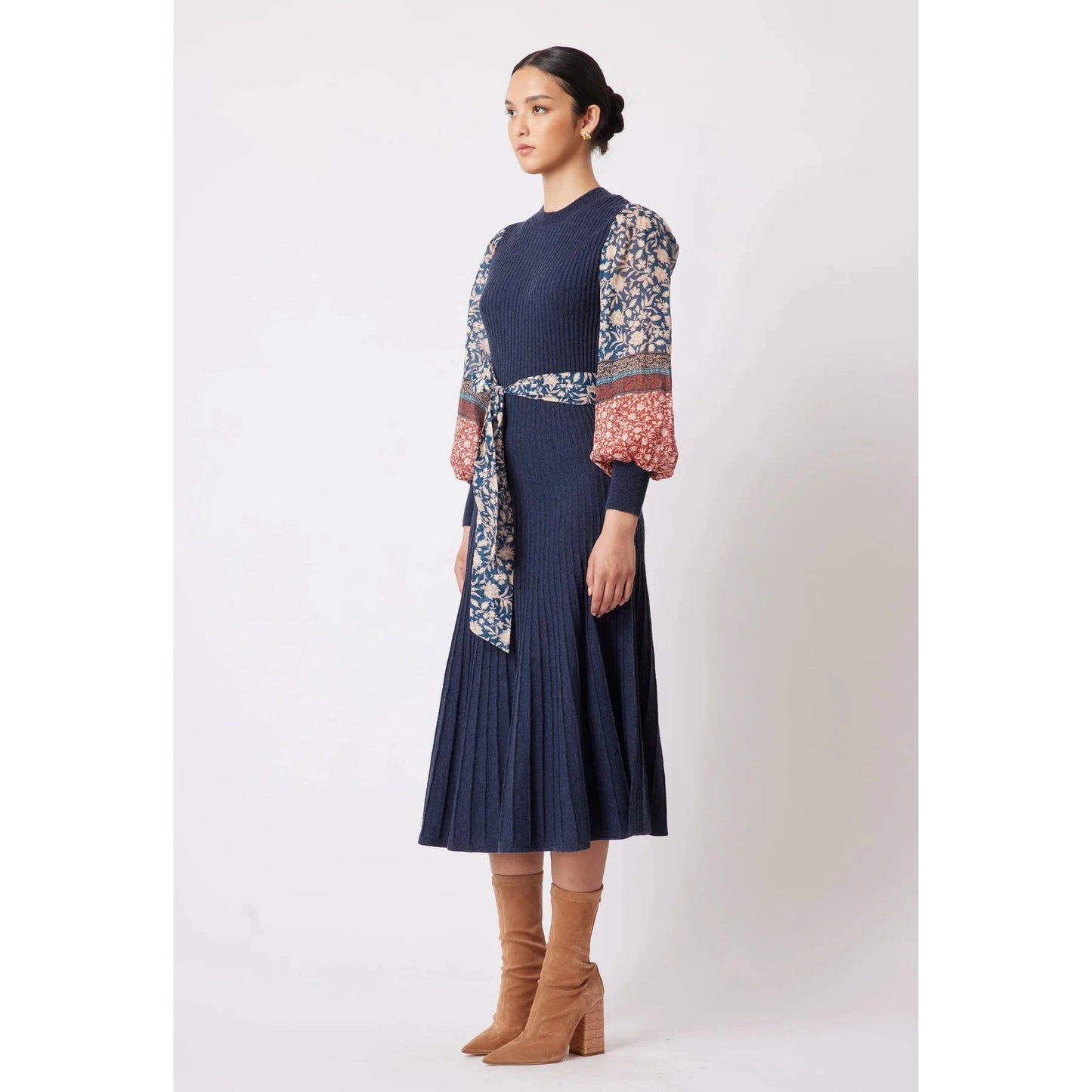 Once Was Chiara Cotton/Silk Sleeve Extra Fine Merino Wool Viscose Blend Knit Dress - Navy Loom Once Was Pisces Boutique