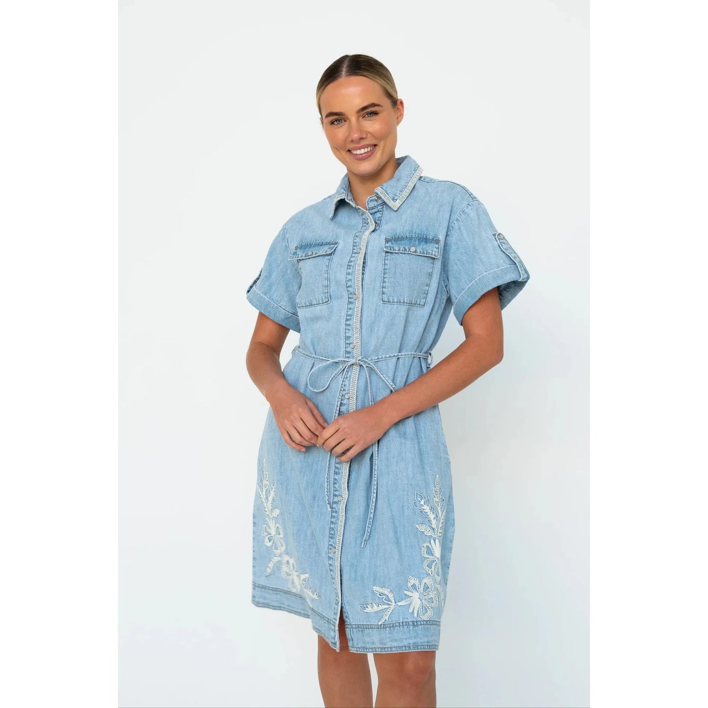 Kireina Simone Dress S/S Floral Embroidery - Sky Blue