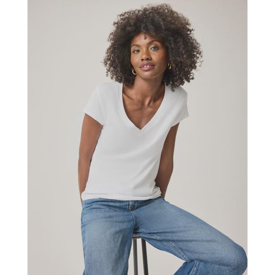 Splendid Faye 1X1 V Neck Tee - White