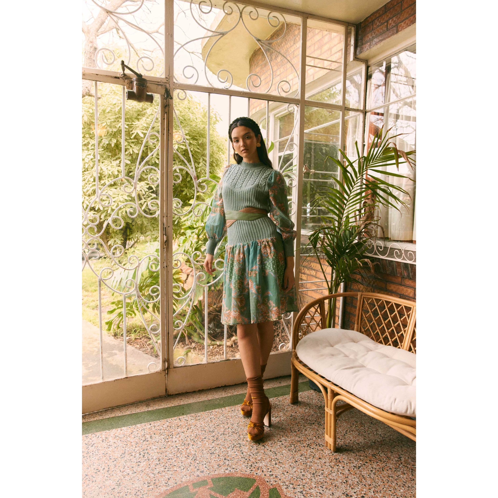 Once Was Florence Cotton/Silk & Extra Fine Merino Wool Cotton Blend Knit Bodic - Celadon