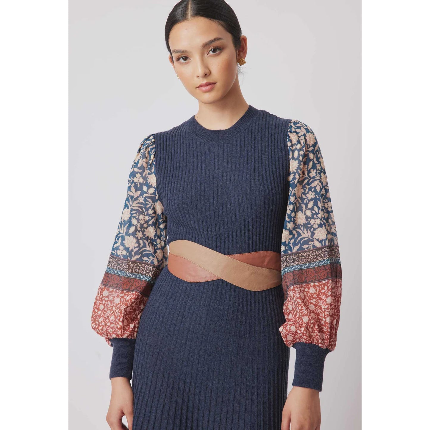 Once Was Chiara Cotton/Silk Sleeve Extra Fine Merino Wool Viscose Blend Knit Dress - Navy Loom Once Was Pisces Boutique
