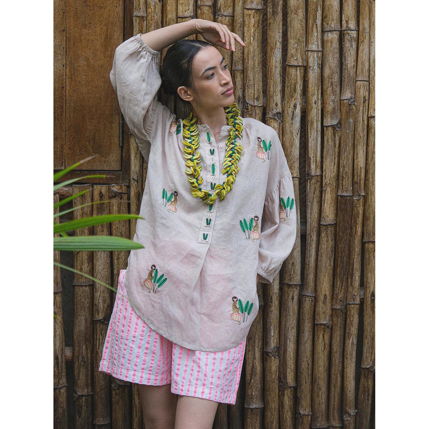 Nimo With Love Sassafras Blouse - Beige / Monkey Embroidery  Nimo With Love Pisces Boutique