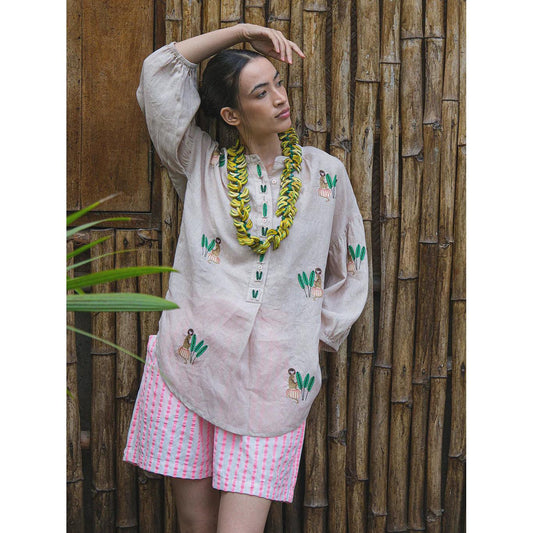Nimo With Love Sassafras Blouse - Beige / Monkey Embroidery