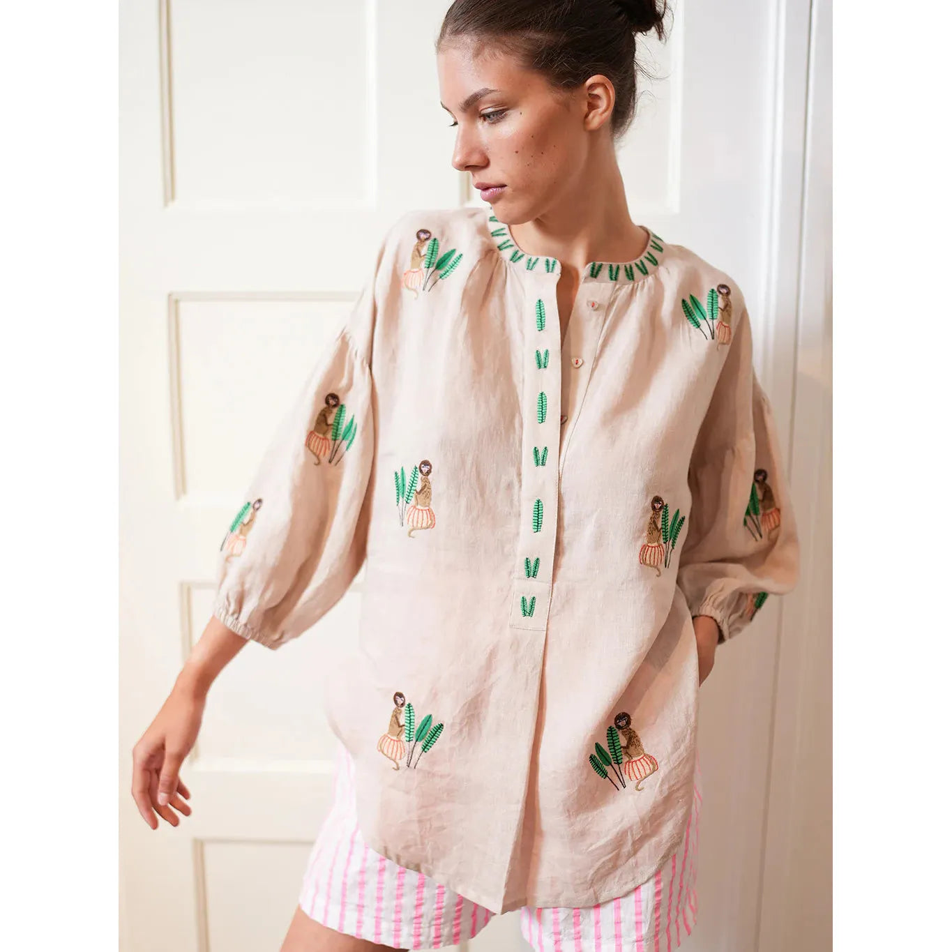 Nimo With Love Sassafras Blouse - Beige / Monkey Embroidery  Nimo With Love Pisces Boutique
