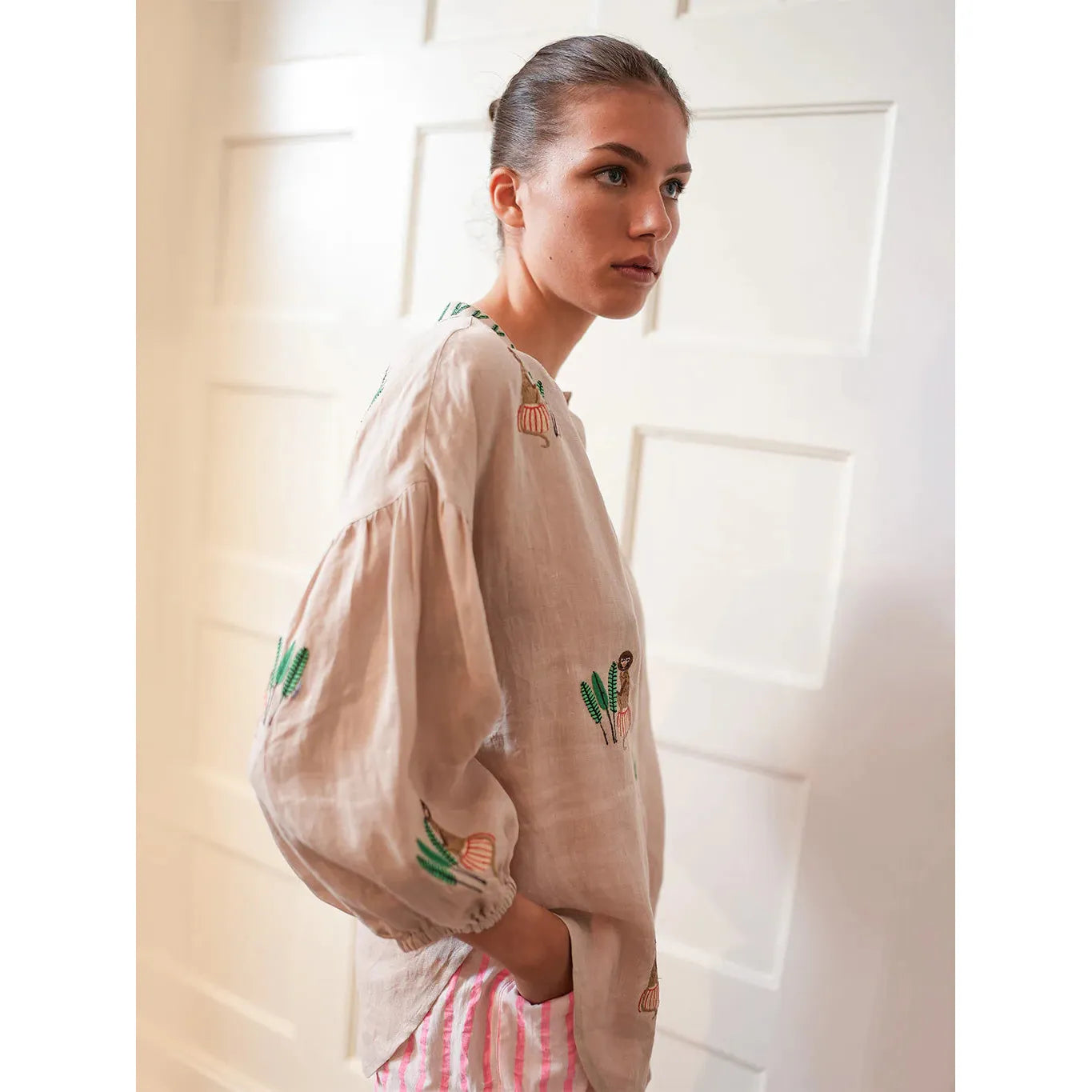 Nimo With Love Sassafras Blouse - Beige / Monkey Embroidery  Nimo With Love Pisces Boutique