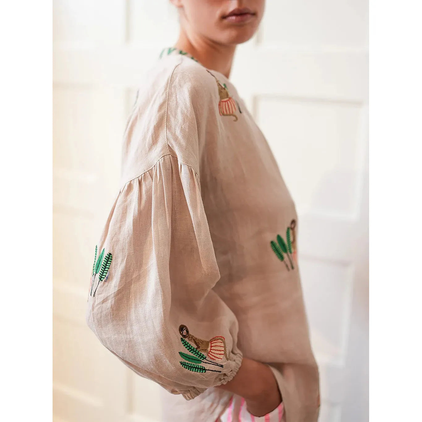 Nimo With Love Sassafras Blouse - Beige / Monkey Embroidery  Nimo With Love Pisces Boutique