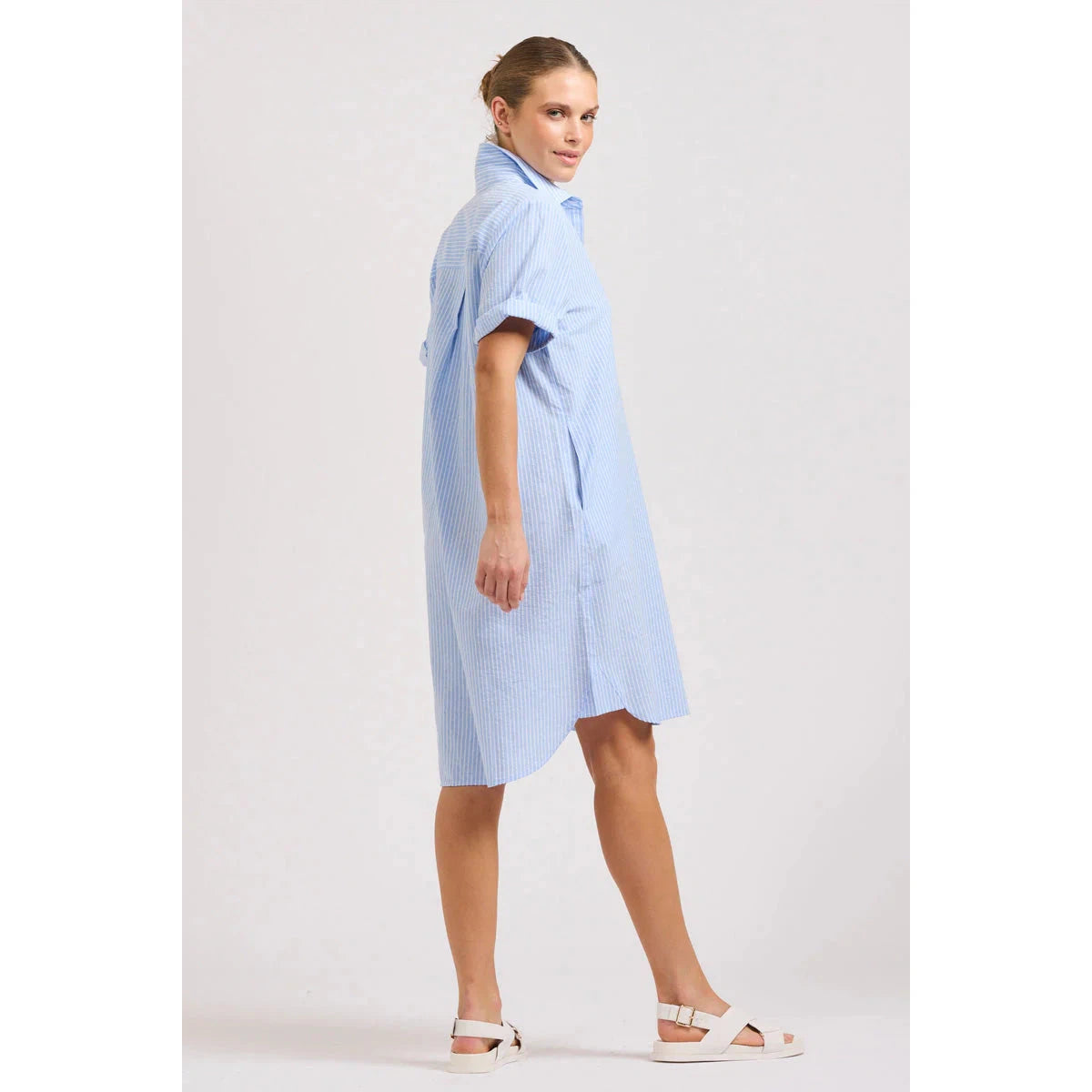 Shirty The Katie S/S Popover Dress - Mid Blue Stripe