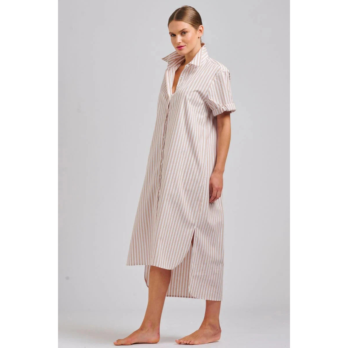 Shirty The Annie Short Sleeve Shirt Dress - Stone White Stripe