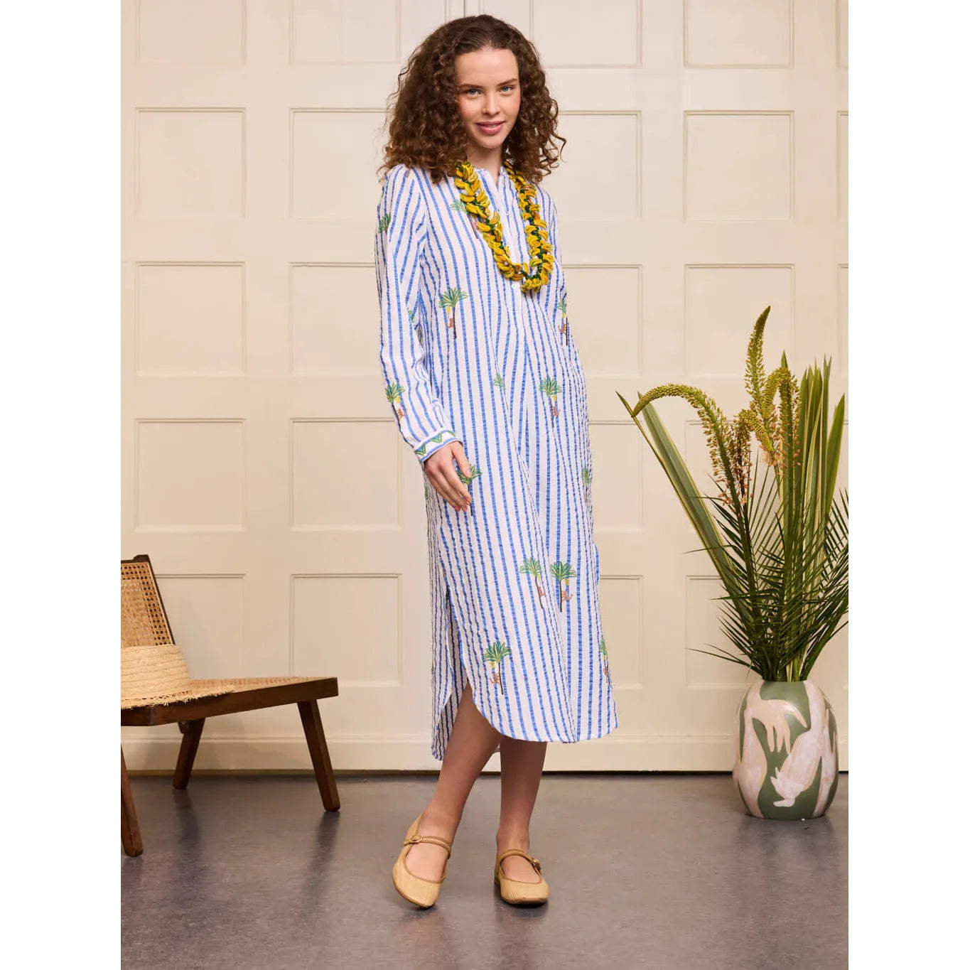 Nimo With Love Cedar Kaftan - Blue Stripe palm Embroidery