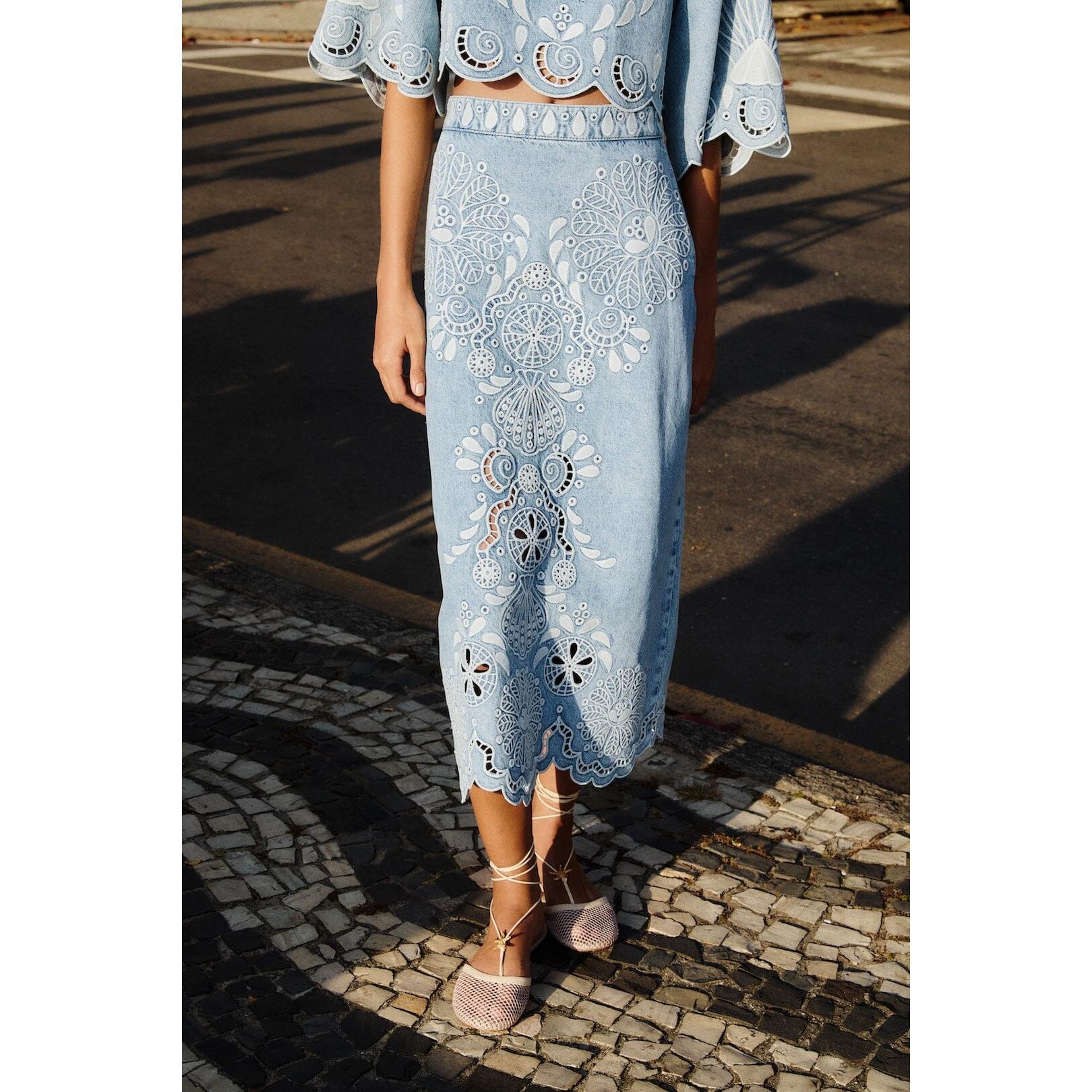 Farm Rio Richelieux Midi Skirt - Denim  Farm Rio Pisces Boutique