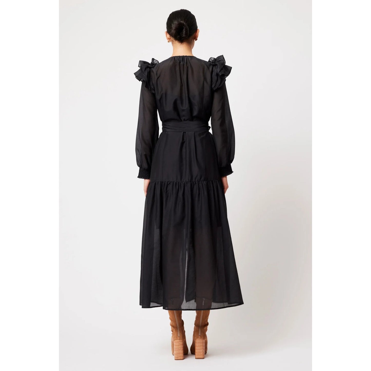 Once Was Aquila Ruffle Sleeve Embroidered Maxi - Black