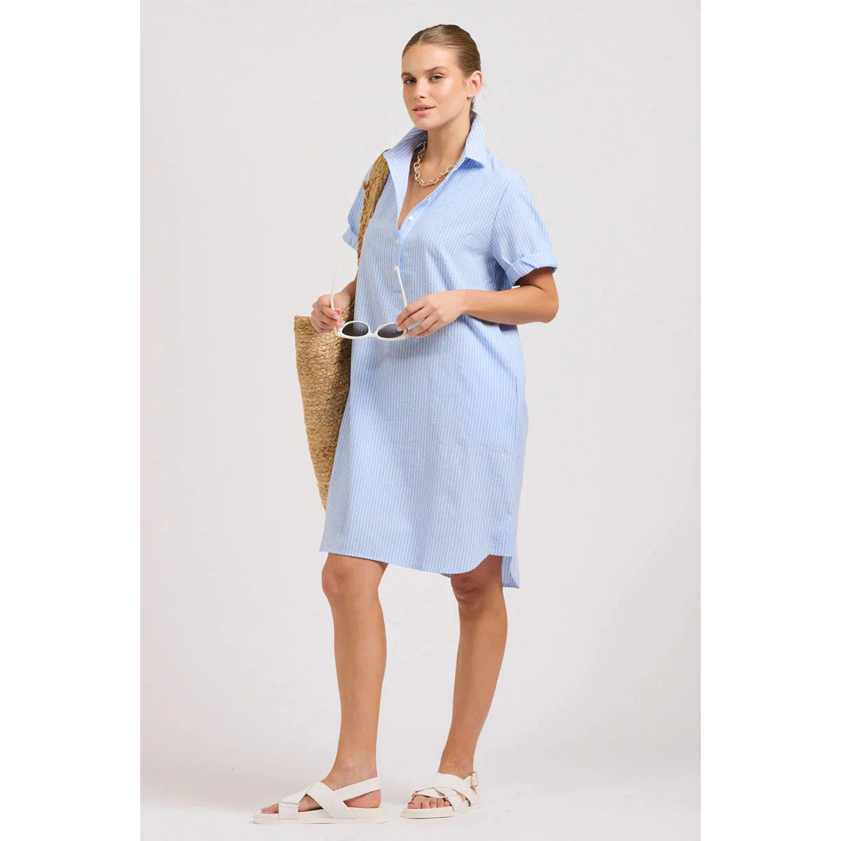 Shirty The Katie S/S Popover Dress - Mid Blue Stripe