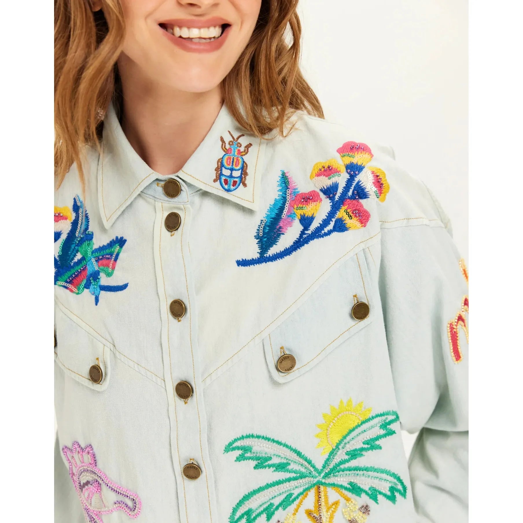 ME 369 Adelyn Oversized Embroidery Shirt - Light Blue  ME369 Pisces Boutique