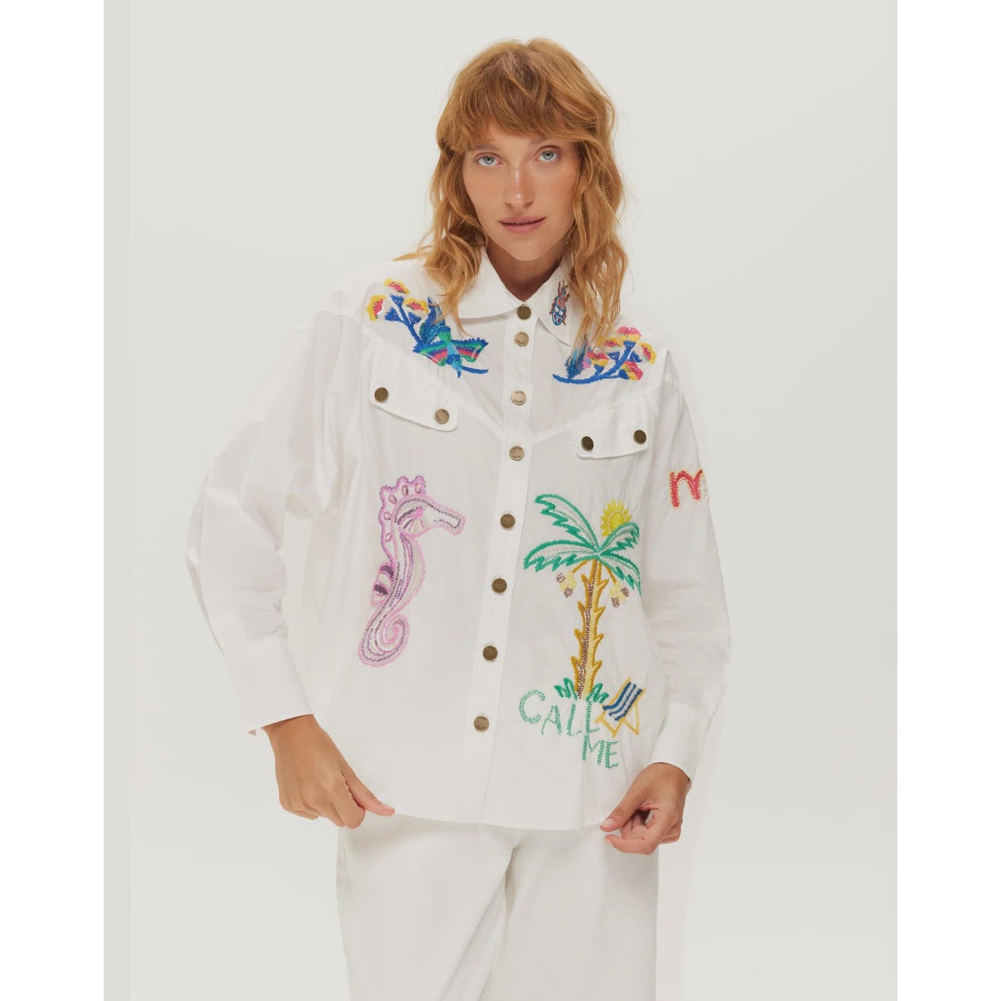 ME 369 Adelyn Oversized Embroidery Shirt - White  ME369 Pisces Boutique