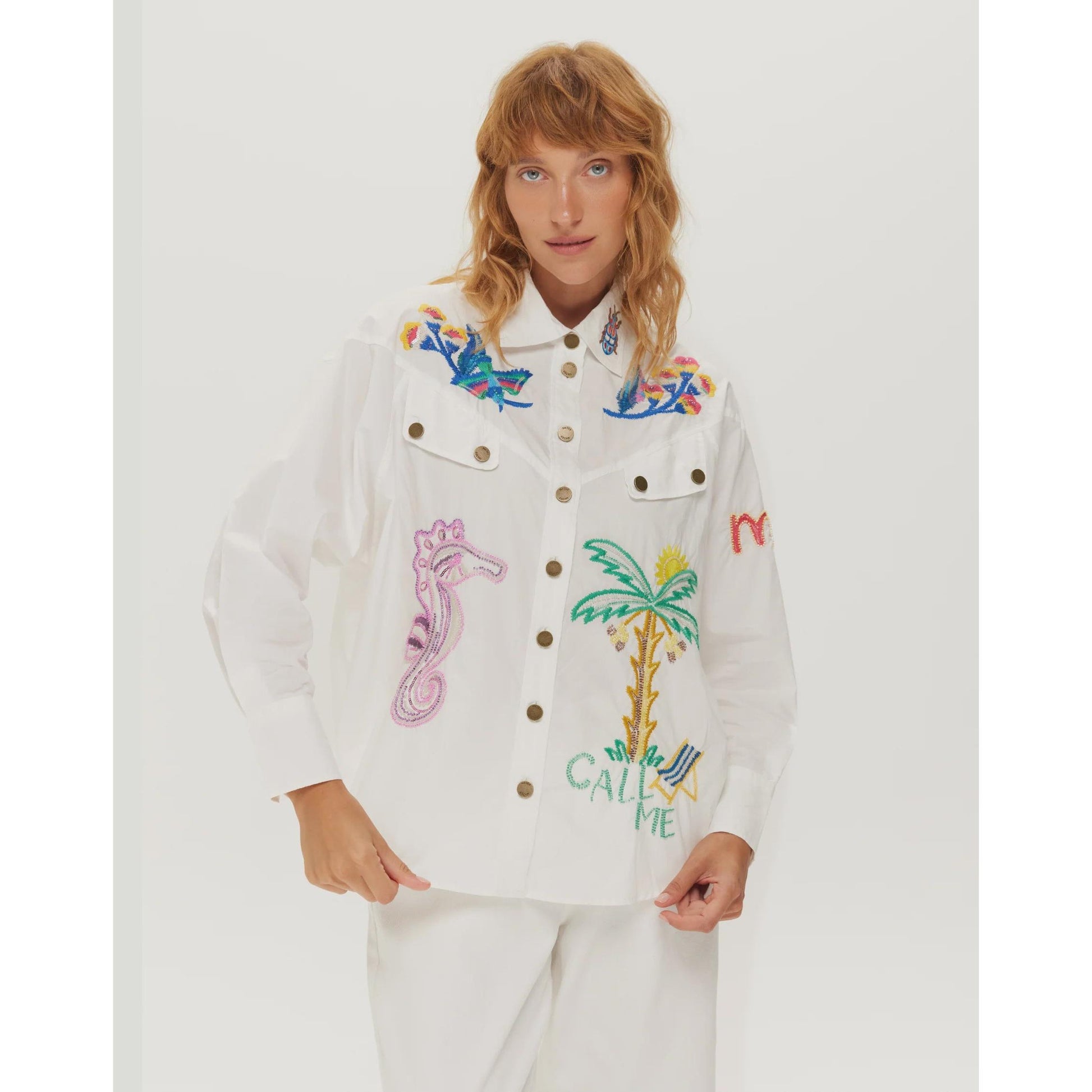 ME 369 Adelyn Oversized Embroidery Shirt - White  ME369 Pisces Boutique