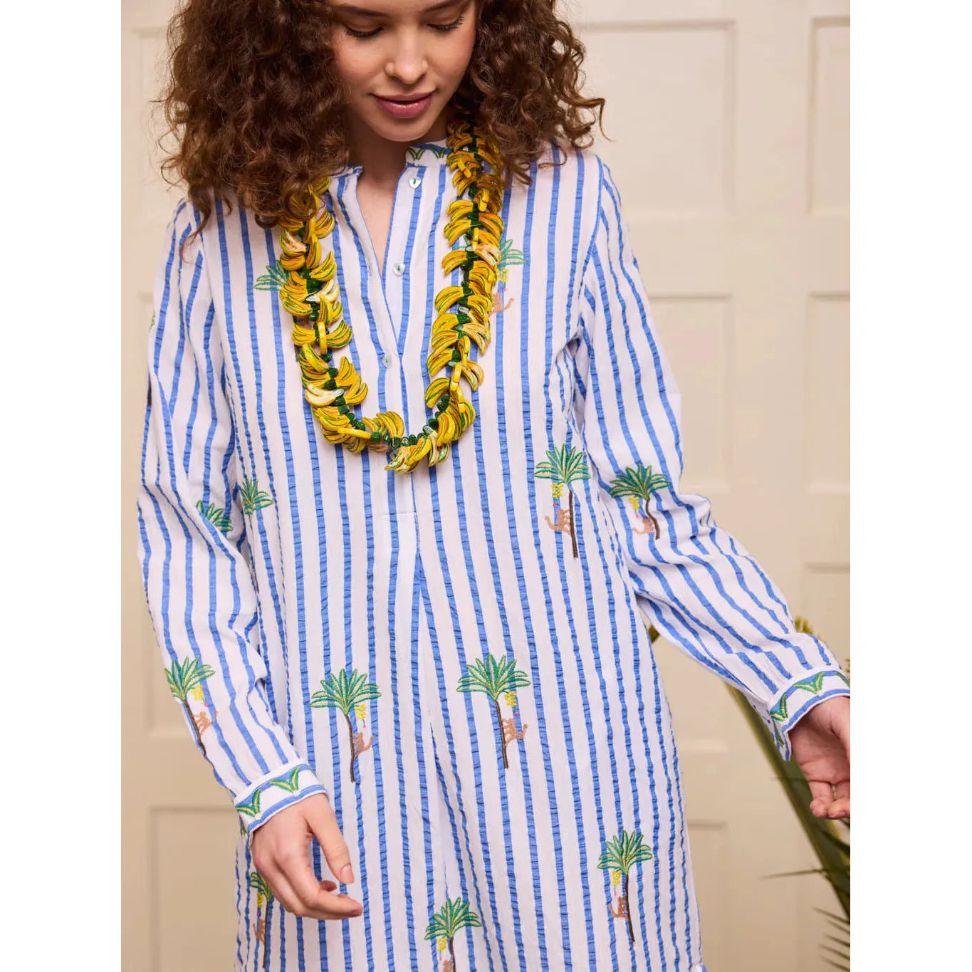 Nimo With Love Cedar Kaftan - Blue Stripe palm Embroidery