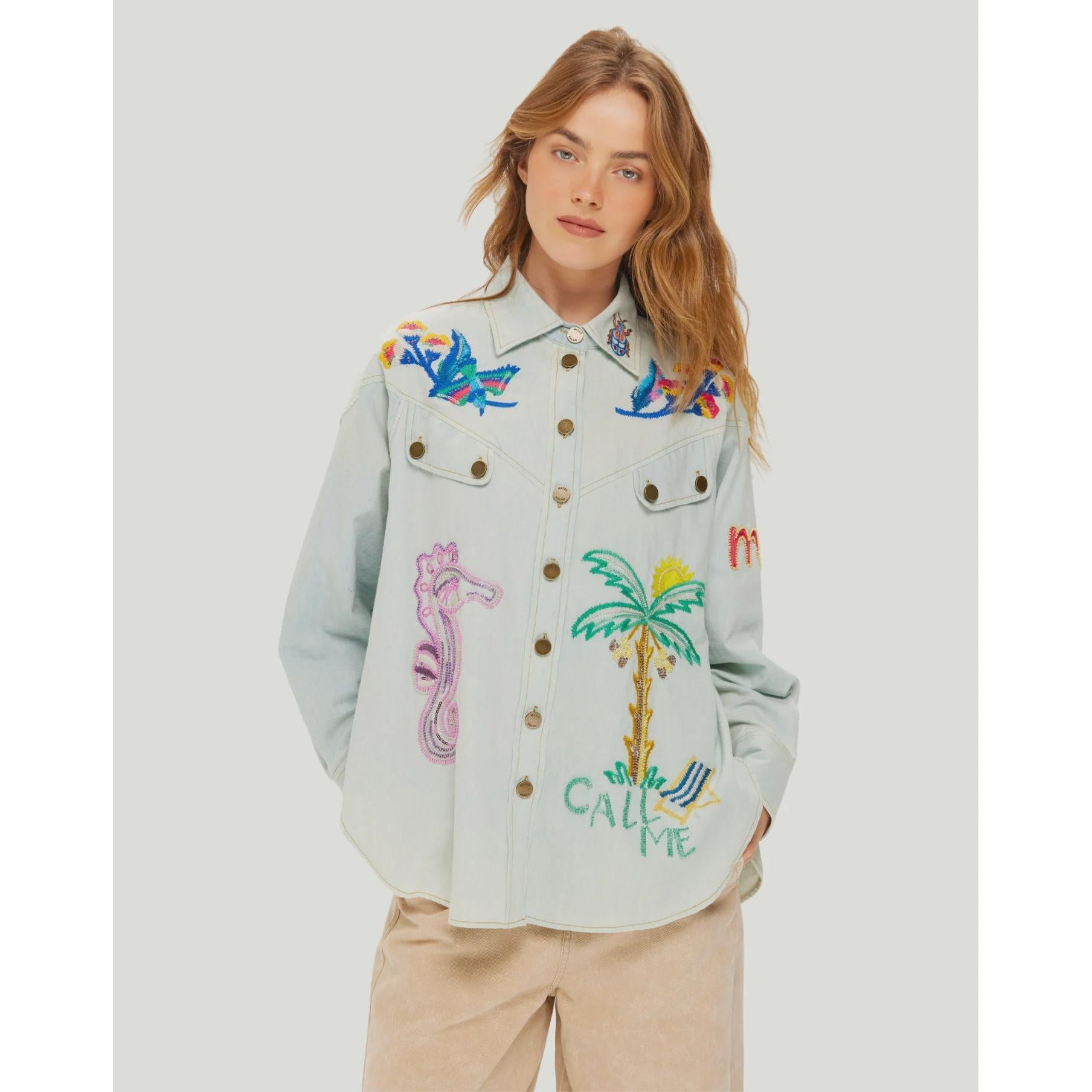 ME 369 Adelyn Oversized Embroidery Shirt - Light Blue  ME369 Pisces Boutique