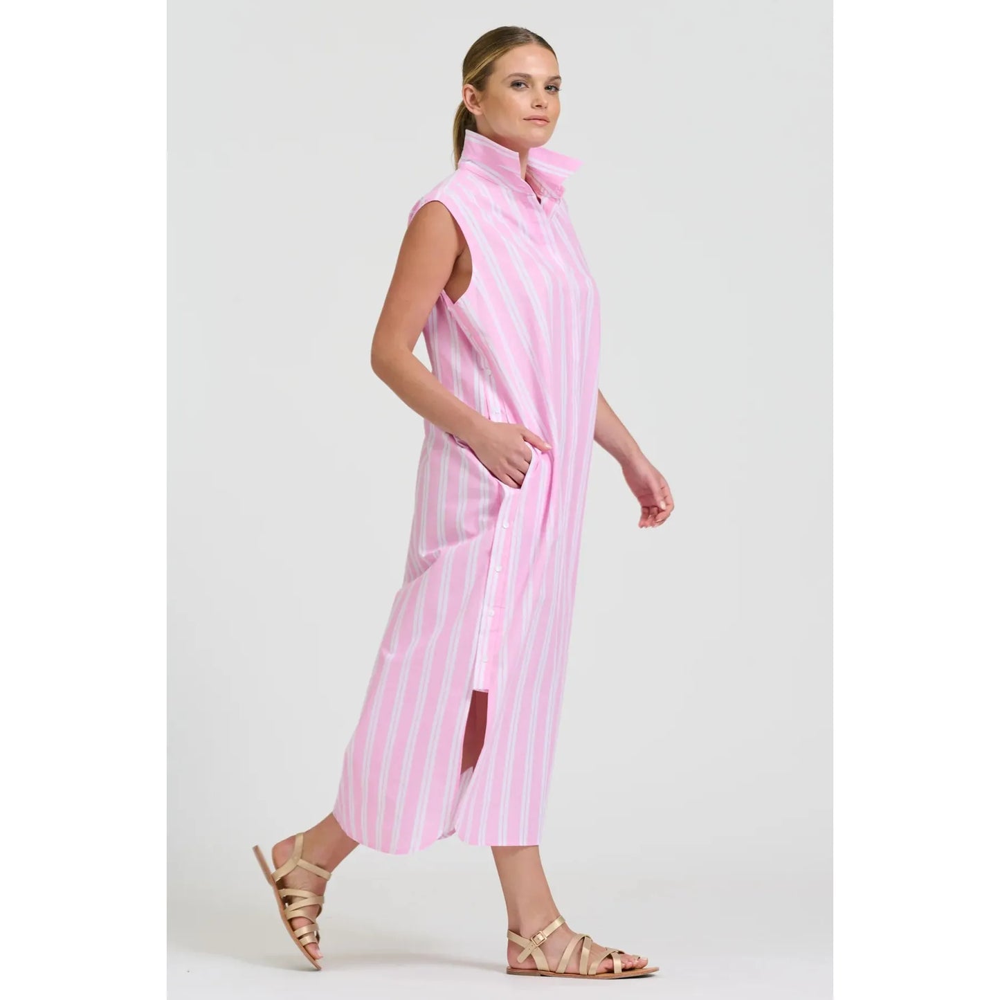 Shirty Button Sleeveless Longline Shirtdress - Pink Stripe  Shirty Pisces Boutique
