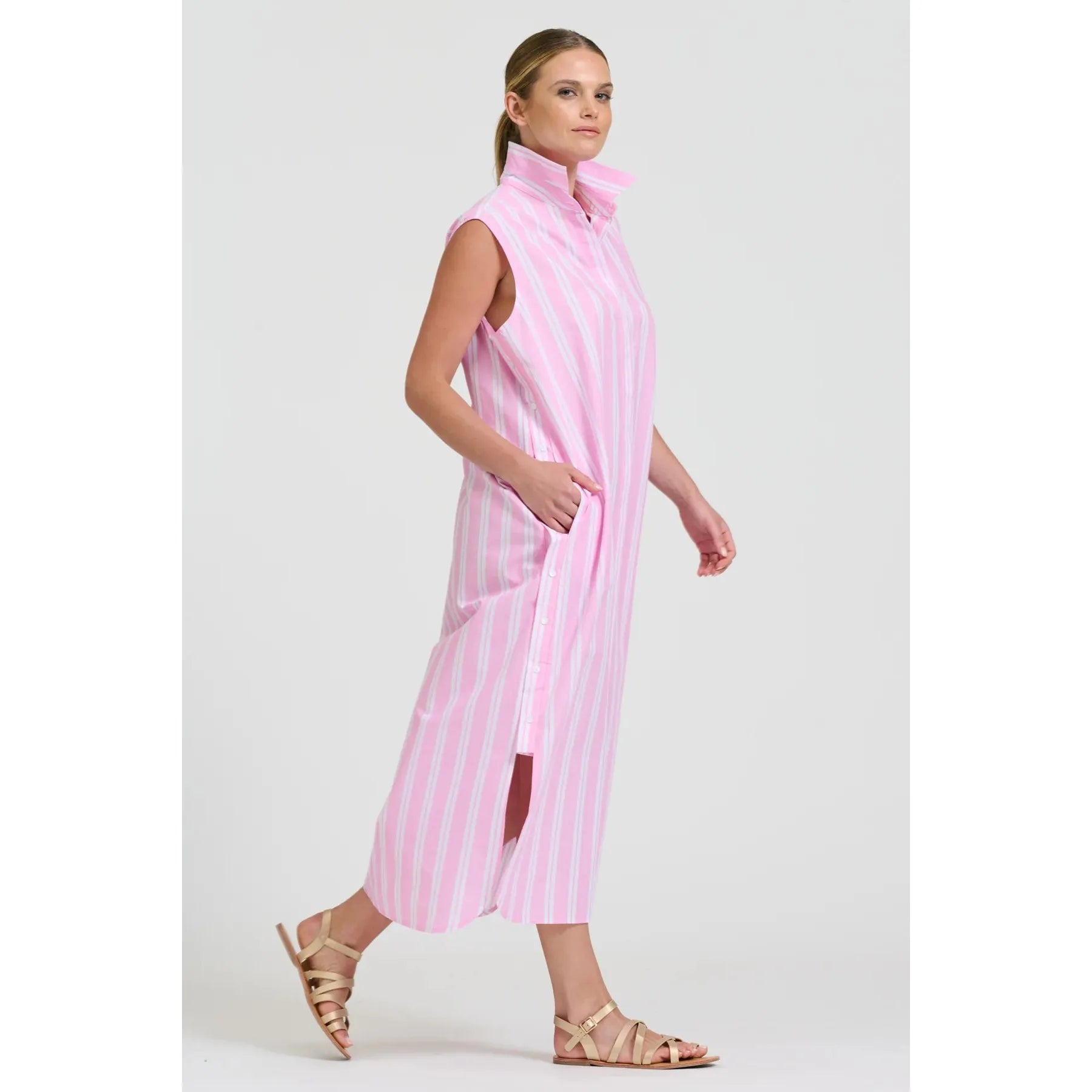 Shirty Button Sleeveless Longline Shirtdress - Pink Stripe  Shirty Pisces Boutique