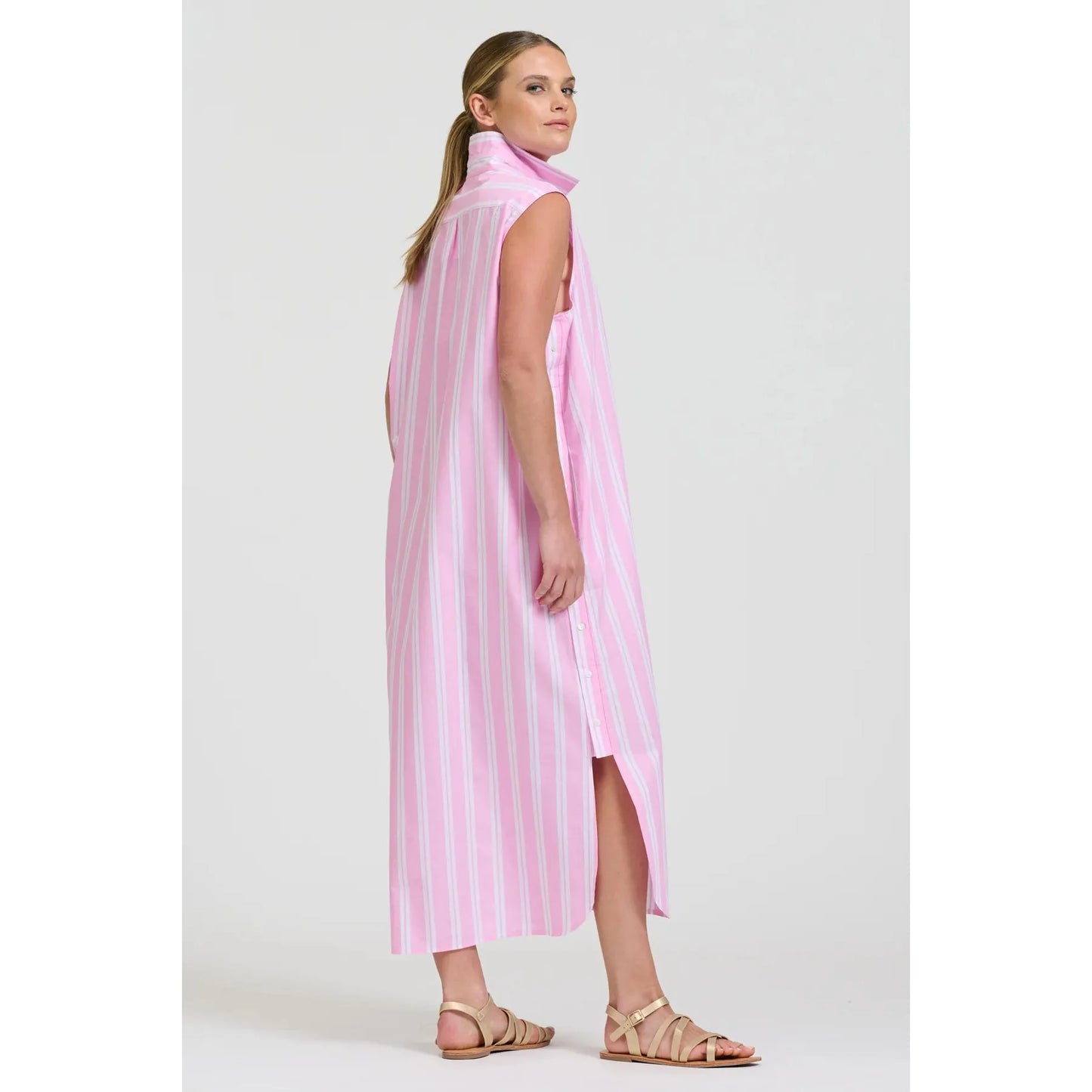 Shirty Button Sleeveless Longline Shirtdress - Pink Stripe  Shirty Pisces Boutique