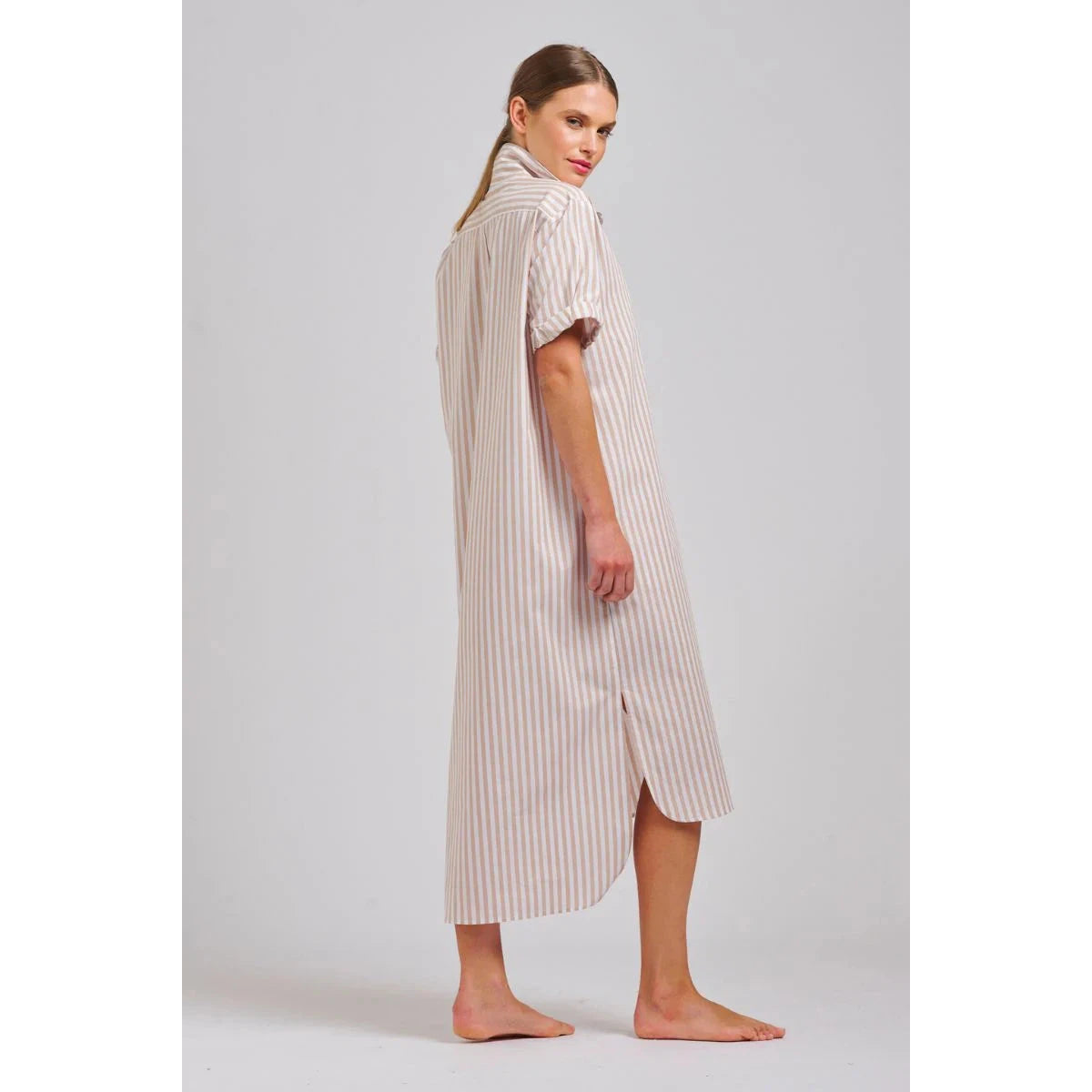 Shirty The Annie Short Sleeve Shirt Dress - Stone White Stripe