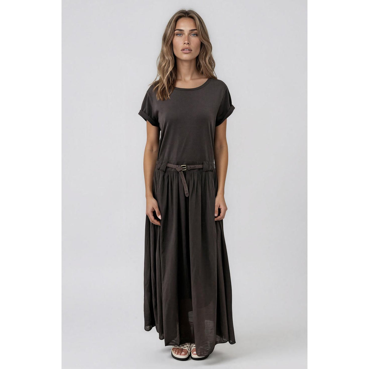 La Gemme Bianca Belted Tee Muslin Dress - Chocolate  La Gemme Pisces Boutique