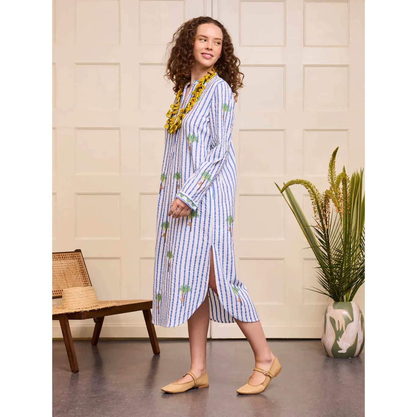 Nimo With Love Cedar Kaftan - Blue Stripe palm Embroidery