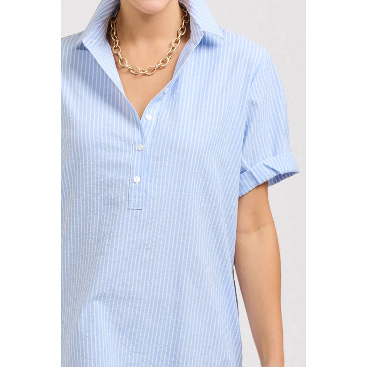 Shirty The Katie S/S Popover Dress - Mid Blue Stripe