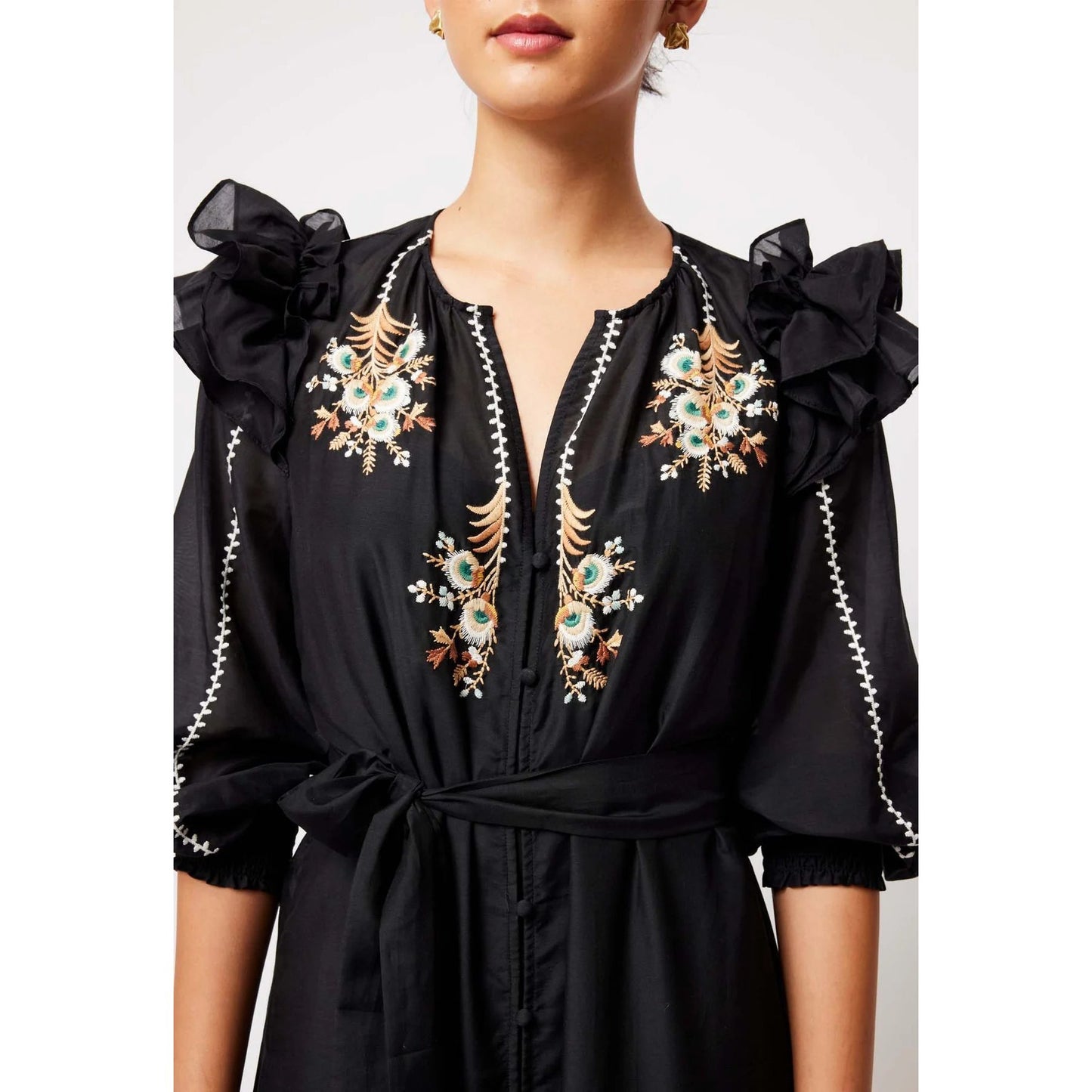 Once Was Aquila Ruffle Sleeve Embroidered Maxi - Black