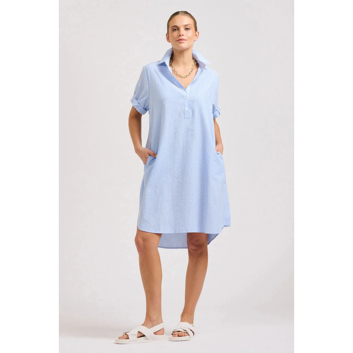 Shirty The Katie S/S Popover Dress - Mid Blue Stripe