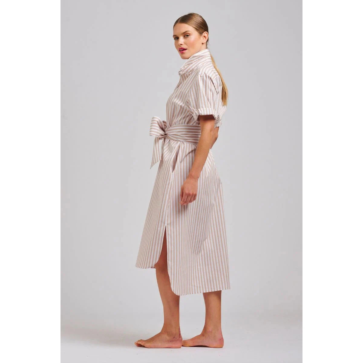 Shirty The Annie Short Sleeve Shirt Dress - Stone White Stripe