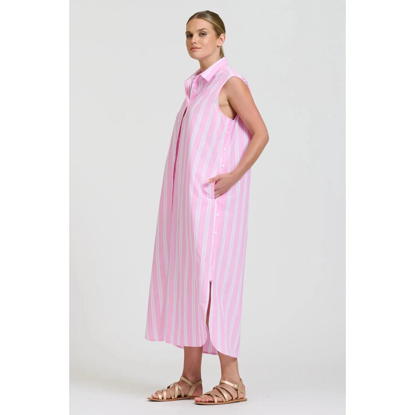 Shirty Button Sleeveless Longline Shirtdress - Pink Stripe  Shirty Pisces Boutique