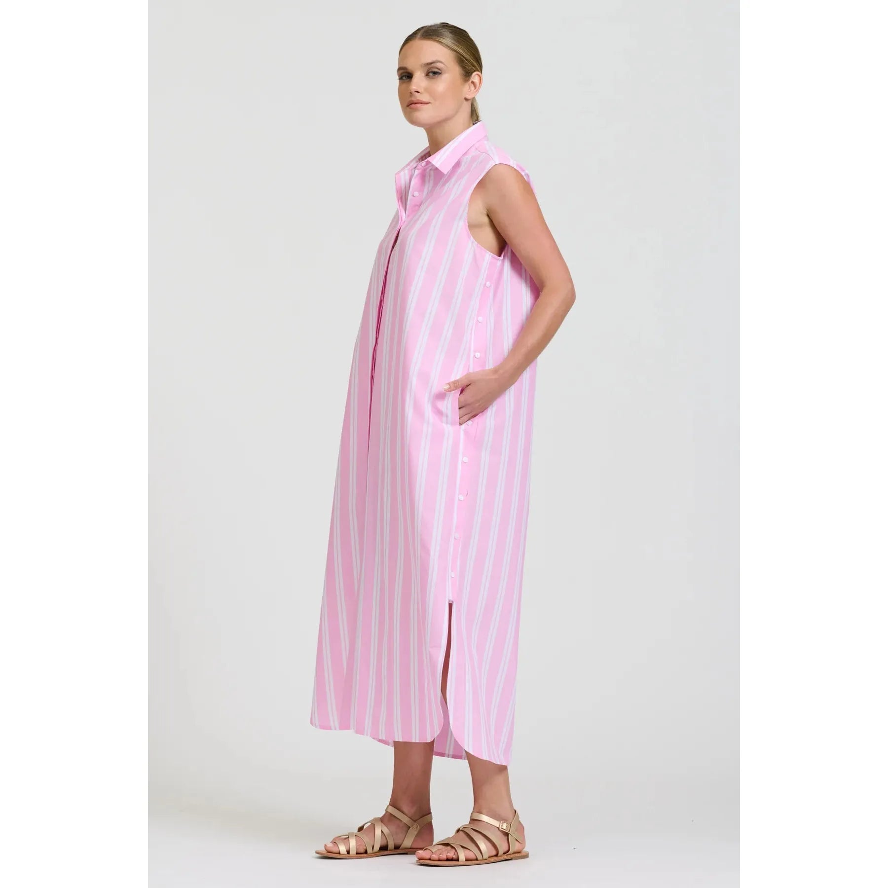 Shirty Button Sleeveless Longline Shirtdress - Pink Stripe  Shirty Pisces Boutique