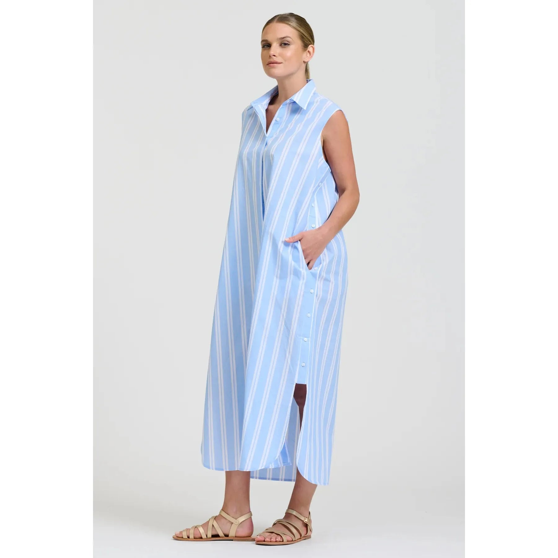 Shirty Button Sleeveless Longline Shirtdress - Pale Blue  Shirty Pisces Boutique